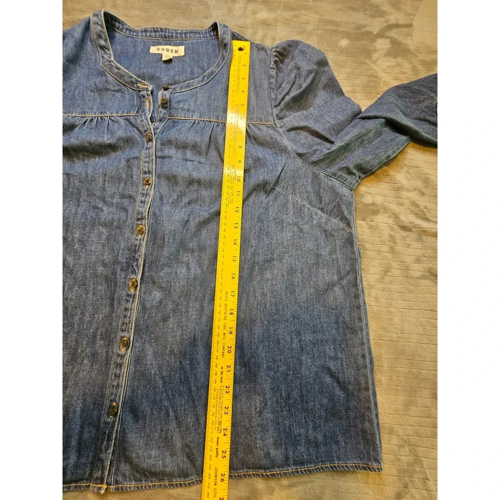 Boden Denim Blouse Medium Wash Puff Shoulder Button Front Top US 20-22